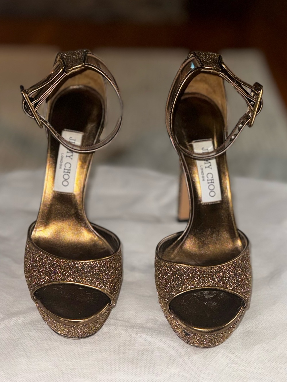 Jimmy Choo Gold Glitter Platform Ankle-Strap Heels - Picture 2 of 11